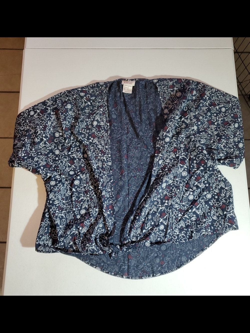 Ariat Womens Med Western Rodeo Cowgirl Navy Blue Printed Open-Front Blouse